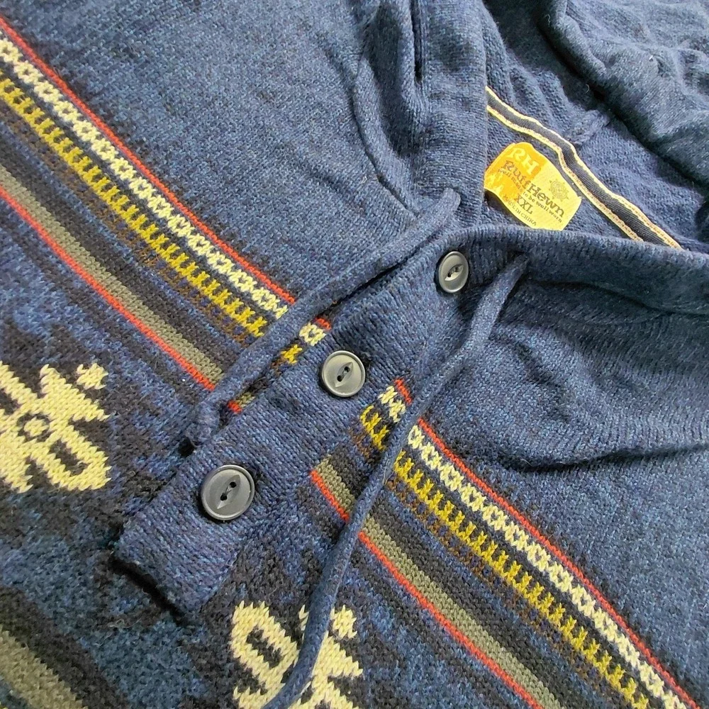Ruff Hewn Hooded Sweater Fair Isle Knit Men's Size XXL 2XL Knit‎ Pullover Button